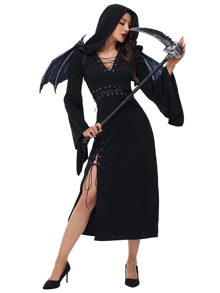 Gothic Black Hooded Long Dress - Women Witch Vampire Bride Costume